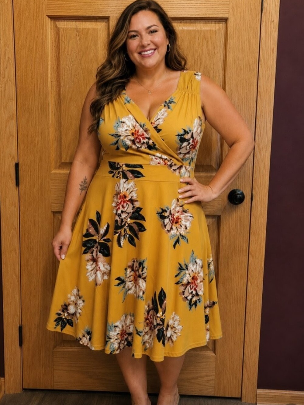 Grace Karin Mustard Yellow Floral Fit-and-Flare Dress, XL